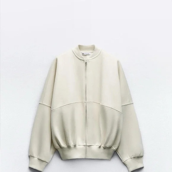 Zara Tops - Zara Cream Bomber Crewneck Material Zip Up